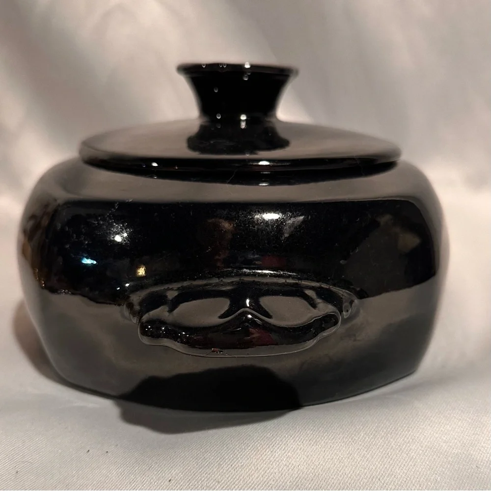 Vintage Frankoma Pottery Gloss Black Ceramic Casserole Dish Art Deco